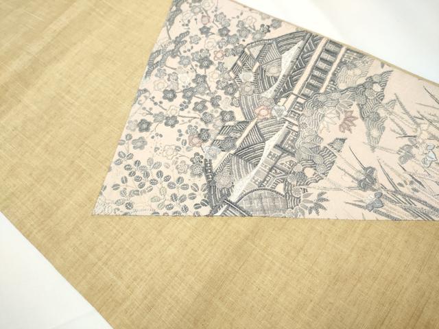 平和屋着物●中国三大刺繍　相良刺繍　太鼓柄袋帯　紬地　松竹梅風景文　正絹　逸品　CAAY2702hy 平和屋着物○中国三大刺繍 相良刺繍 太鼓柄袋帯 紬地 松竹梅