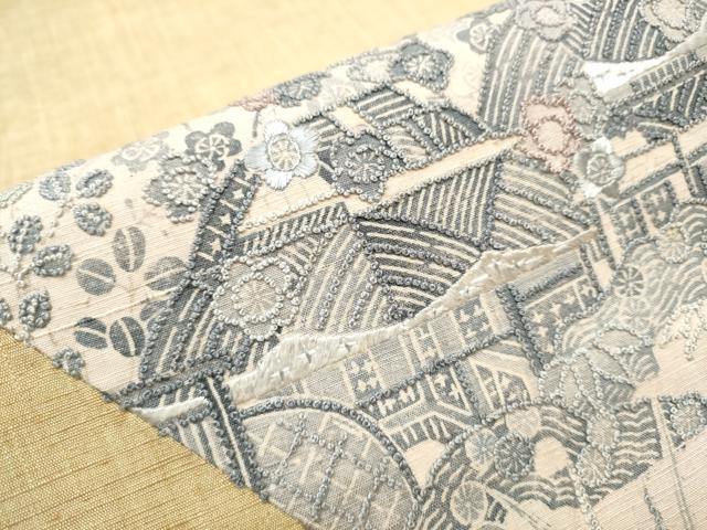 平和屋着物○中国三大刺繍 相良刺繍 太鼓柄袋帯 紬地 松竹梅