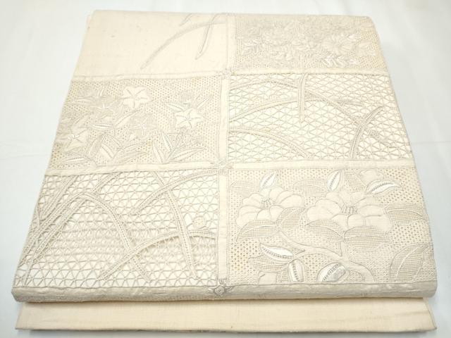 平和屋着物●中国三大刺繍　スワトウ相良刺繍　総刺繍　太鼓柄袋帯　紬地　草花文　鳥の子色　正絹　逸品　CAAY2709hy