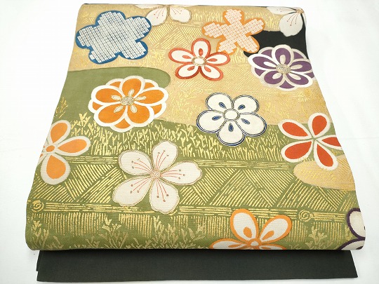 平和屋着物●アンティーク　大正ロマン　丸帯　引き抜き帯　駒刺繍　舞花文　金彩　正絹　逸品　CAAY2732hy