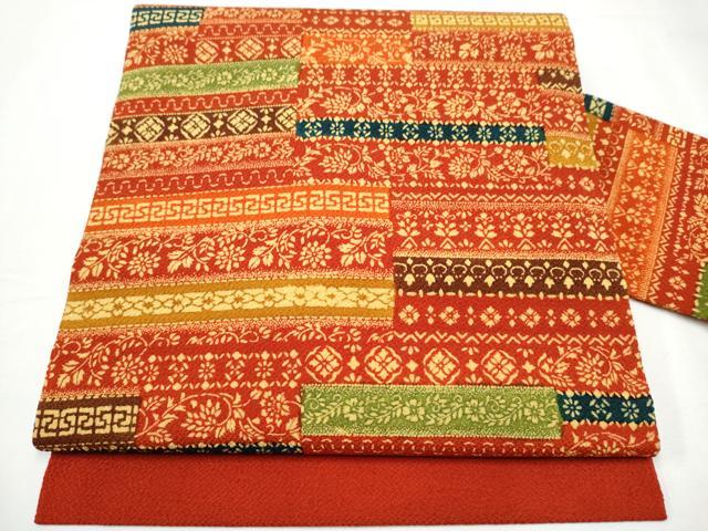 平和屋着物●全通柄　九寸名古屋帯　型染め　花唐草文　鬼しぼ縮緬　正絹　逸品　CAAY2790hy