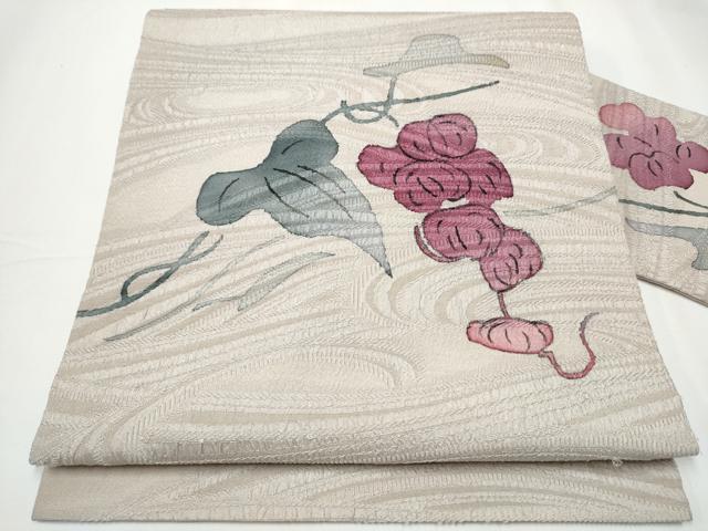 平和屋着物●九寸名古屋帯　作家物　手描き　葡萄蔦の葉文　正絹　逸品　CAAY2792hy