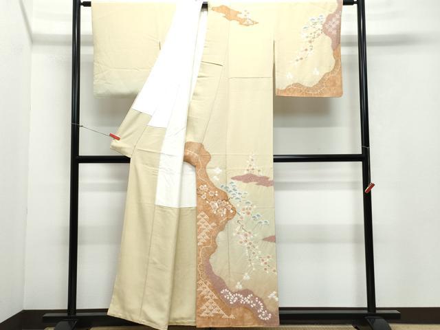 平和屋着物○十日町 名門 滝泰謹製 訪問着 絞り 枝松梅文 金彩