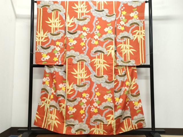 平和屋着物●アンティーク　大正ロマン　振袖　松竹梅　金彩　正絹　逸品　CAAY3017vf