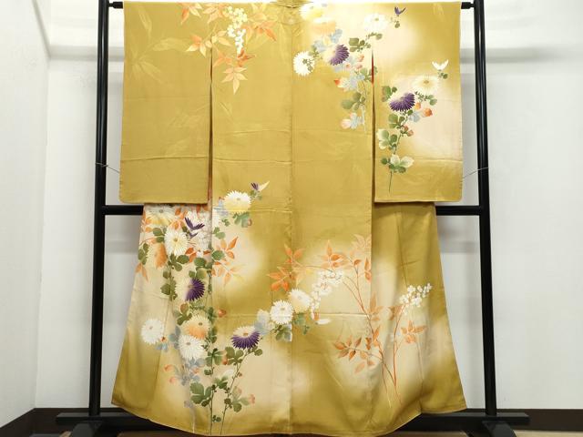 平和屋着物●アンティーク　大正ロマン　訪問着　刺繍　枝菊文　暈し染め　金彩　正絹　逸品　CAAY3023vf