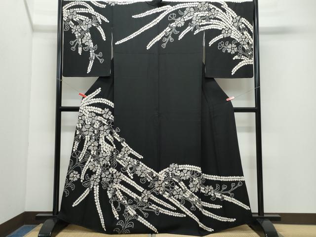 平和屋着物○訪問着 絞り 草花文 黒地 正絹 逸品 CAAY3040vf 付け下げ