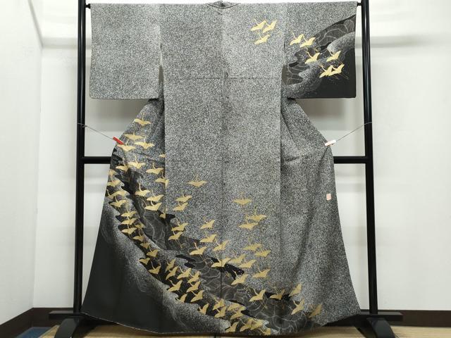 平和屋着物●西陣　じゅらく謹製　訪問着　流水飛鶴文　たたき染め　黒地　金彩　正絹　逸品　CAAY3059vf