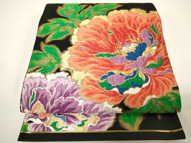 平和屋着物●六通柄袋帯　牡丹文　黒地　金銀糸　正絹　逸品　未使用　CAAY4043ak