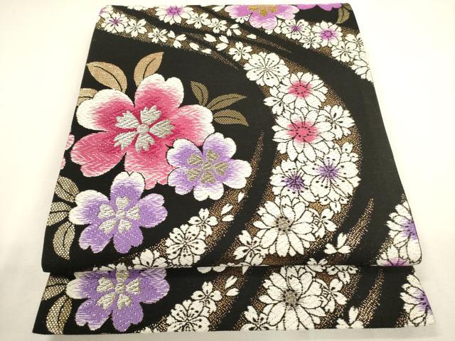 平和屋着物●六通柄袋帯　唐織　流水舞桜文　黒地　金銀糸　正絹　逸品　CAAY4327ak
