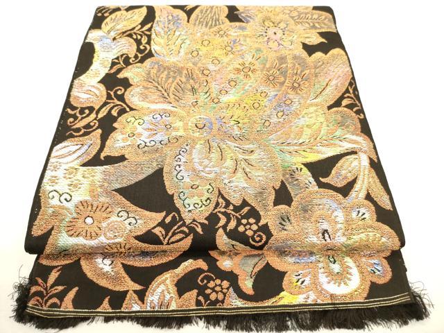 平和屋着物●アンティーク　六通柄　本袋帯　唐織　更紗花文　黒地　金糸　大正ロマン　正絹　逸品　CAAY4341ak