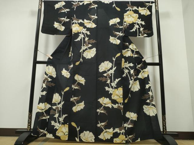 平和屋着物∴夏物　浴衣　コシノジュンコ　JUNKO KOSHINO　枝花文　黒地　綿　逸品　CAAY4456ng