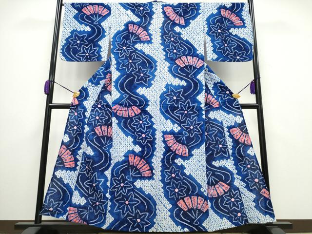 平和屋着物∴夏物　浴衣　有松鳴海絞り　扇　竜田川　綿　逸品　CAAY4558ng