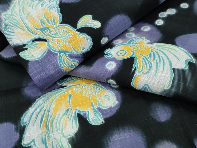 平和屋着物∴夏物　浴衣　金魚　黒地　綿　逸品　CAAY4630ng