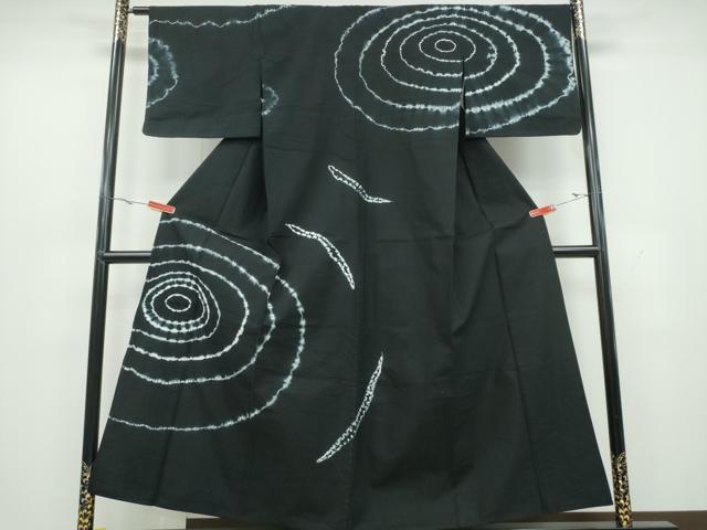 平和屋着物∴夏物　訪問着・浴衣兼用　絞り　渦巻文様　黒地　綿　逸品　CAAY4663ng