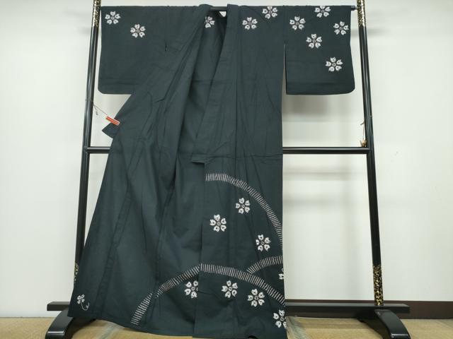 平和屋着物∴夏物 訪問着・浴衣兼用 絞り 舞桜 黒地 逸品 CAAY4664ng