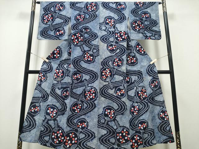 平和屋着物∴夏物　浴衣　有松鳴海絞り　流水団扇花文　綿　逸品　CAAY4787ng