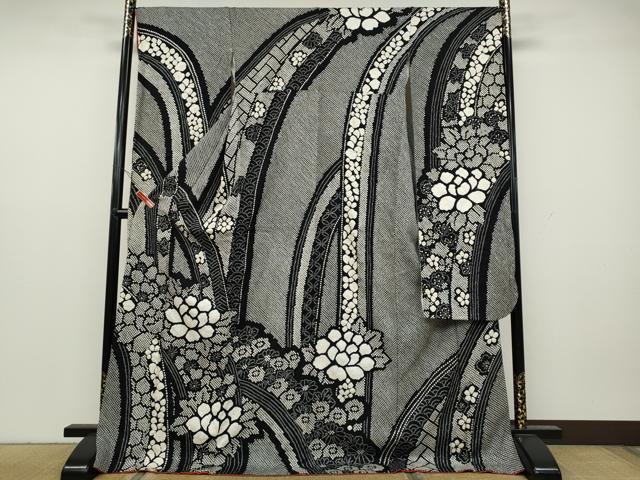 平和屋着物●豪華振袖　総絞り　流線花文　黒地　正絹　逸品　CAAY4880ut