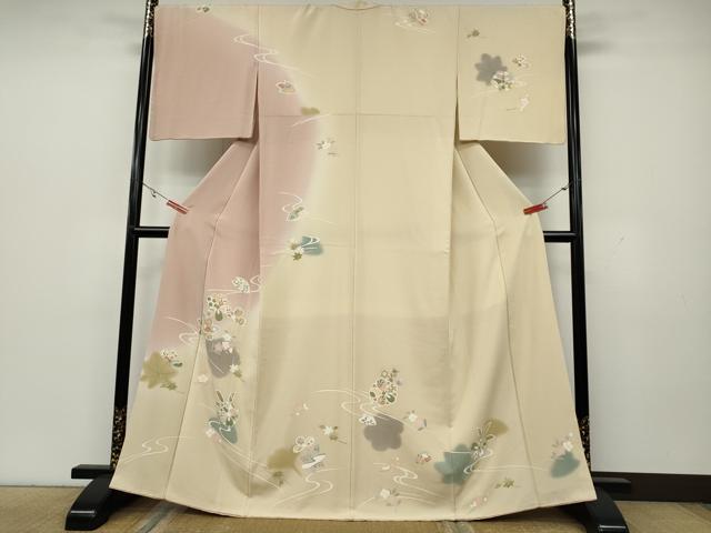 平和屋着物●訪問着　駒刺繍　流水草花文　京都きもの友禅扱い　正絹　逸品　CAAY4902ut 平和屋着物○訪問着 駒刺繍 流水草花文 京都きもの友禅扱い 正絹