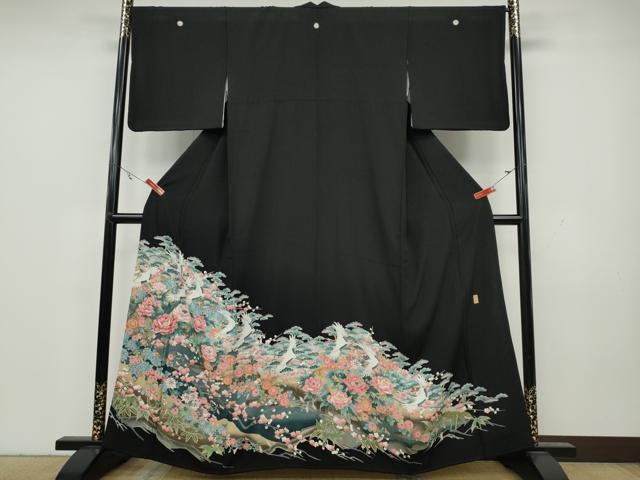 平和屋着物●豪華黒留袖　友禅　作家物　飛鶴草花文　正絹　逸品　CAAY4938ut
