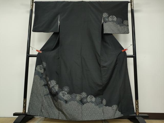 平和屋着物●訪問着　紬地　正倉院鳳凰花文　黒地　正絹　逸品　CAAY4988ut