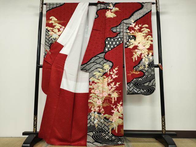 平和屋着物●豪華振袖　絞り　御所車飛鶴花文　金彩　正絹　逸品　CAAY5071ut 平和屋着物○豪華振袖 絞り 御所車飛鶴花文 金彩 正絹 逸品 CAAY5071ut