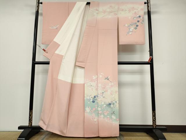 平和屋着物●訪問着　友禅　作家物　飛鶴枝花文　暈し染め　正絹　逸品　CAAY5137ut 平和屋着物○訪問着 友禅 作家物 飛鶴枝花文 暈し染め