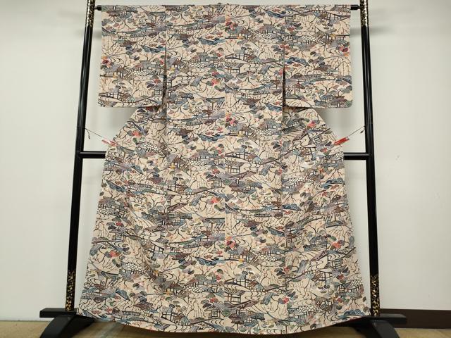 平和屋着物○上質な小紋 型染め 風景草花文 鬼しぼ縮緬 正絹