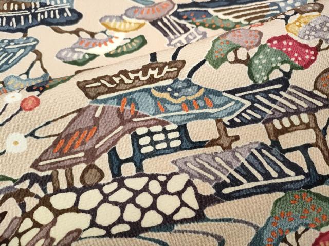 平和屋着物○上質な小紋 型染め 風景草花文 鬼しぼ縮緬 正絹