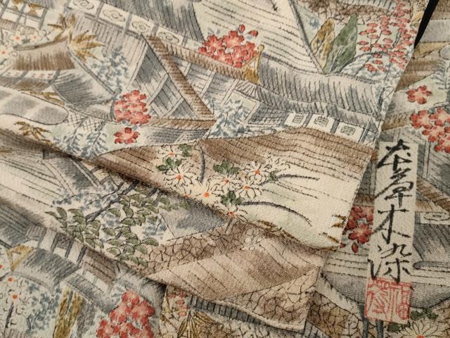 平和屋着物●上質な小紋　作家物　草木染　風景草花文　鬼しぼ縮緬　正絹　逸品　未使用　CAAY5150ut