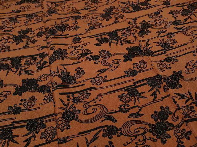 平和屋着物○上質な小紋 久米島本泥染 型染め 立波花鳥文