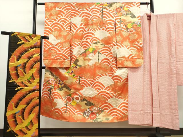 平和屋着物∵女の子　十三参り　子供　祝着・長襦袢・袋帯セット　刺繍　雲取り流水渡橋吉祥花文　金通し地　逸品　CAAY6019ze