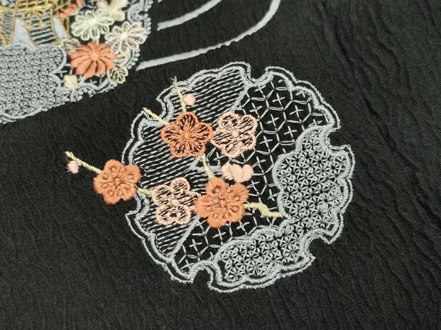 平和屋着物○中国三大刺繍 スワトウ刺繍 訪問着 絞り 御所車雪輪花