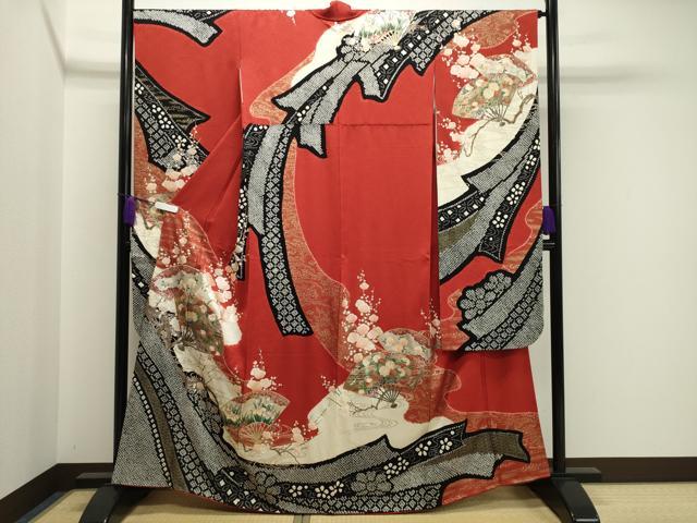 平和屋着物●豪華振袖　駒刺繍　絞り　扇面花文　金銀彩　正絹　逸品　CAAY8355gh