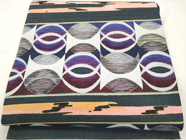 平和屋着物○六通柄袋帯 紬地 横段丸文 金銀彩 正絹