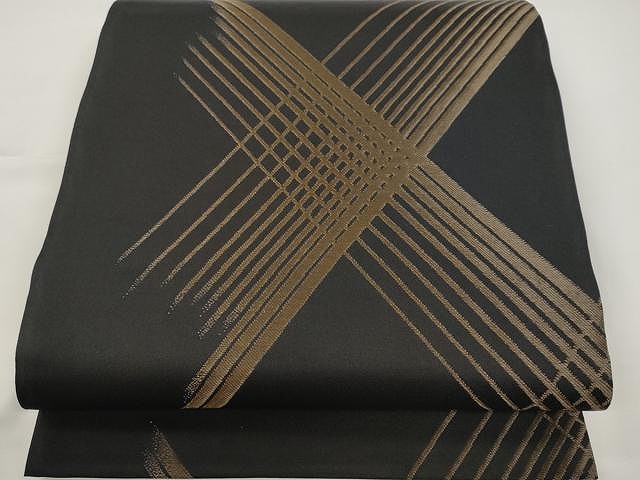 平和屋着物●六通柄袋帯　斜線文　黒地　金糸　正絹　逸品　CAAY9211yk