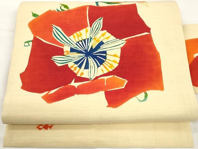 平和屋着物●染織作家　渋紙型　渋谷和子　九寸名古屋帯　紬地　型染め　舞花文　正絹　逸品　CAAY9218yk