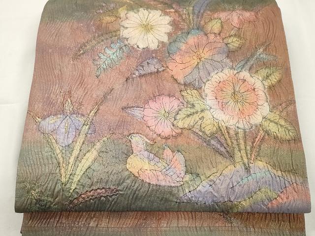 平和屋着物●六通柄袋帯　手描き　絞り　辻が花　金通し地　正絹　逸品　CAAY9223yk