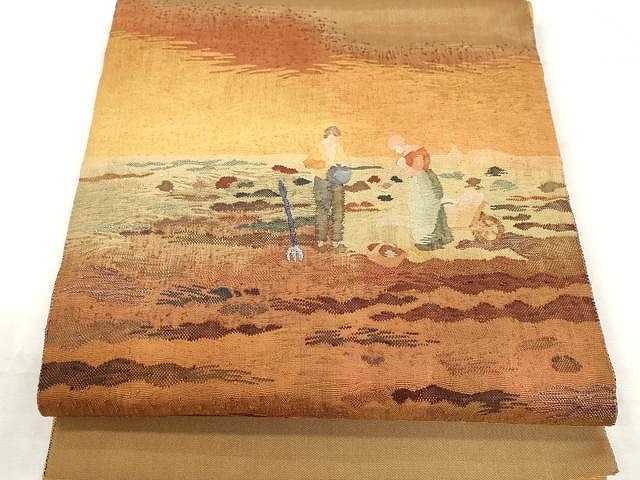 平和屋着物●太鼓柄袋帯　ジャン・フランソワー・ミレー画　晩鏡　正絹　逸品　CAAY9257yk