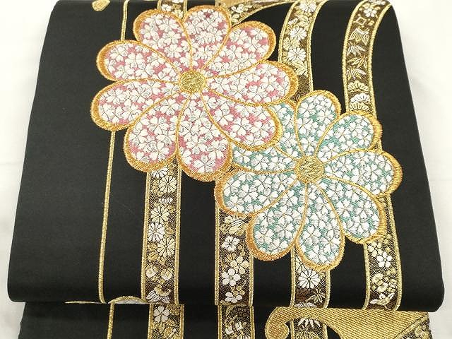 平和屋着物●六通柄袋帯　立波舞花文　黒地　金糸　正絹　逸品　CAAY9266yk