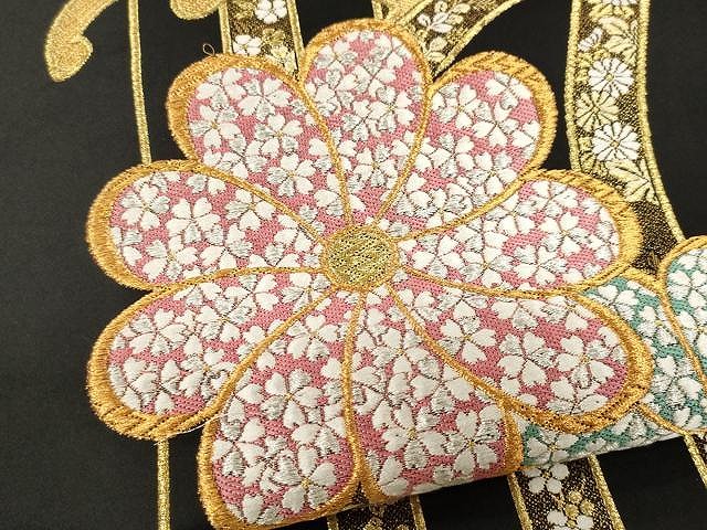 平和屋着物○六通柄袋帯 立波舞花文 黒地 金糸 正絹 逸品 CAAY9266yk