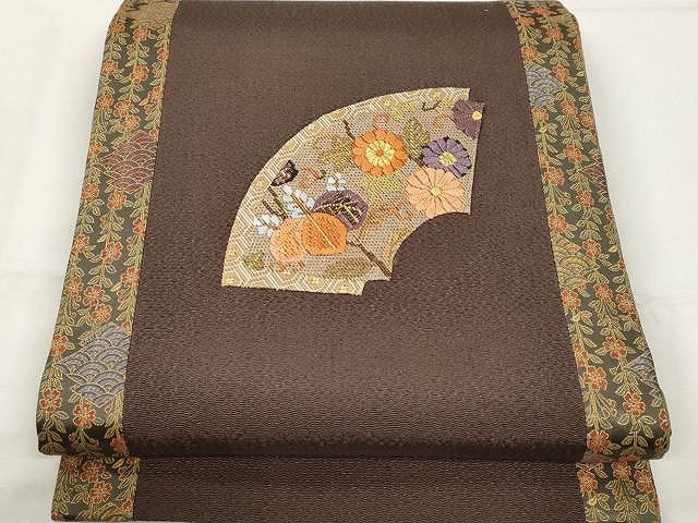 平和屋着物●両面　太鼓柄袋帯　絽刺し　地紙花文　金糸　鬼しぼ縮緬　正絹　逸品　CAAY9277yk