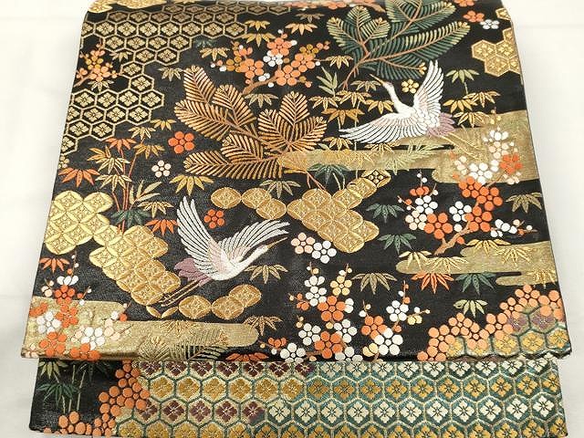 平和屋着物●六通柄袋帯　唐織　飛鶴吉祥枝梅文　黒地　金銀糸　正絹　逸品　CAAY9283yk