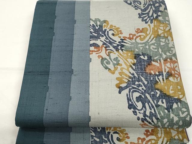 平和屋着物●全通柄袋帯　紬地　型染め　枝花文　正絹　逸品　CAAY9298yk