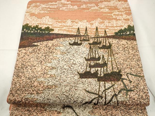 平和屋着物●日本工芸会正会員　大村禎一　太鼓柄袋帯　紬地　奥の細道　酒田　黒地　金彩　金通し地　正絹　逸品　CAAY9303yk