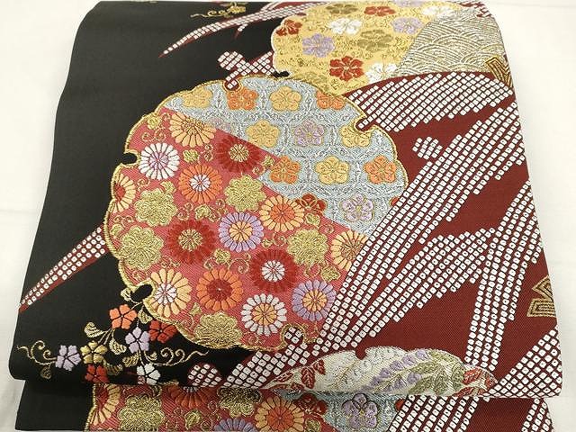平和屋着物●六通柄袋帯　唐織　雪輪重ね花文　黒地　金銀糸　正絹　逸品　CAAY9311yk
