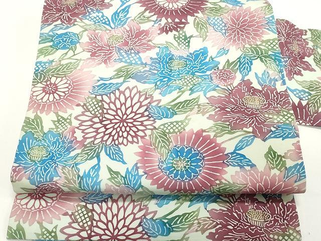 平和屋着物●塩瀬　全通柄九寸名古屋帯　型染め　枝菊文　正絹　逸品　CAAY9318yk