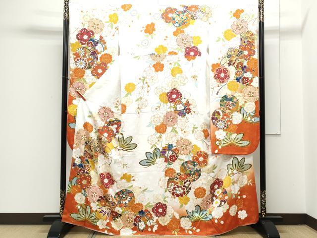 平和屋着物●豪華振袖　駒刺繍　貝桶花文　暈し染め　金彩　正絹　逸品　CAAY9491th