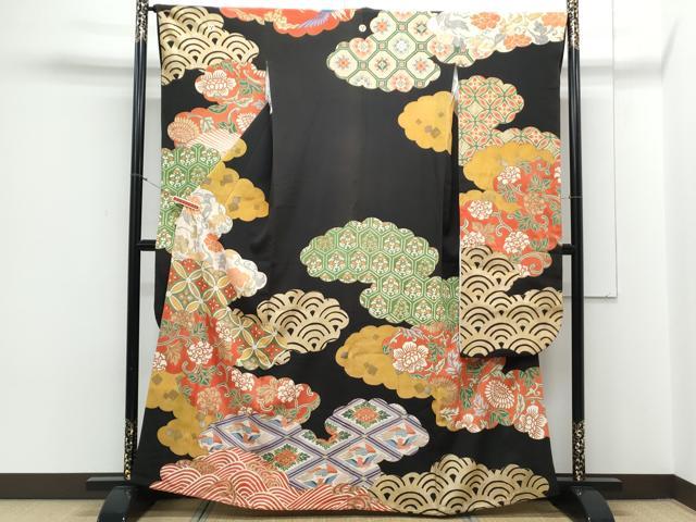 平和屋着物●セミアンティーク　豪華振袖　雲重ね花文　黒地　金彩　伊勢丹扱い　正絹　逸品　CAAY9544th