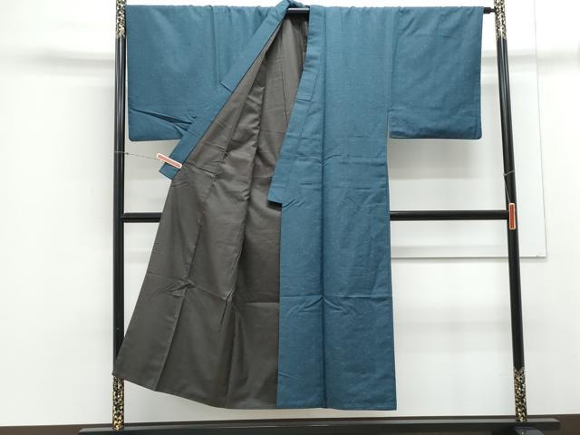 平和屋着物○男性 お召 アンサンブル 色無地 藍色 羽裏：鳥獣戯画 正絹