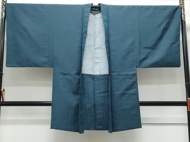 平和屋着物○男性 お召 アンサンブル 色無地 藍色 羽裏：鳥獣戯画 正絹